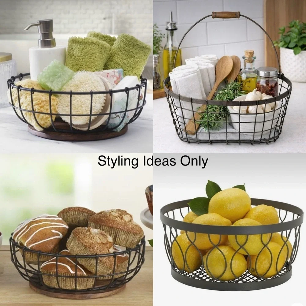 Modern Cottage Matte Black Iron Centerpiece Tabletop Basket Round Like New